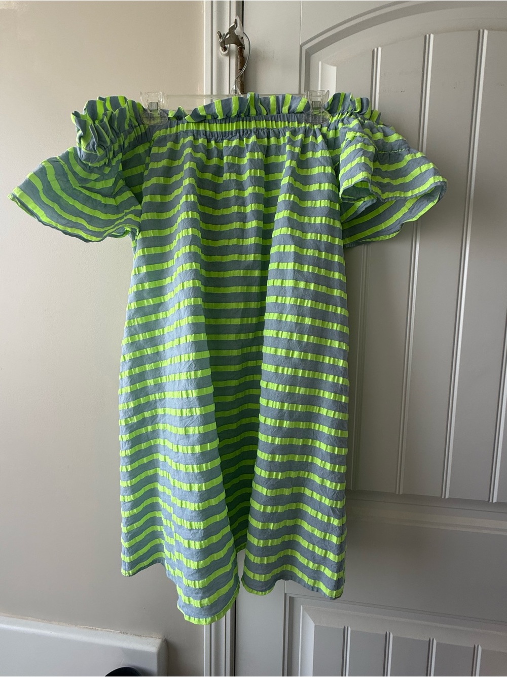 Corey Lynn Calter Neon Green and Light Blue Striped Off-Shoulder Dress